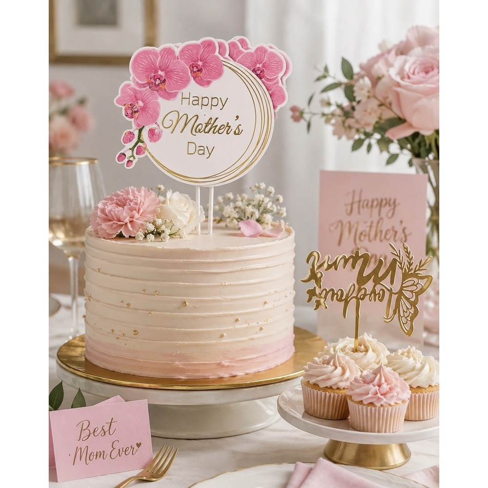 Happy Mother's Day Cake Topper Set Pink Orchid Gold Butterfly Floral Party Decor